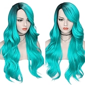 economico Parrucche da festa-parrucche verdi per donne parrucca sintetica parrucca con parte laterale a onde profonde bionda lunghezza media ombre blu ombre verde ombre bionda capelli sintetici parrucca da carnevale cosplay da