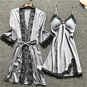 cheap Women&#039;s Sleepwear-Women&#039;s Lace Satin Silk Pajamas Sets 4 Pcs Home Party Daily Elastic Waist Pure Color Satin Simple Casual Soft Strap Top Shorts Fall Winter Spring Strap Short Sleeves Long Sleeve Home Outfits