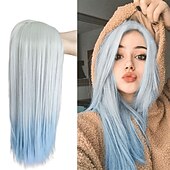 baratos Perucas de festa-Perucas azuis para mulheres peruca sintética reta natural peruca de parte do meio de comprimento médio A15 A16 A17 A18 A19 cabelo sintético perucas de festa de Halloween azul e branca