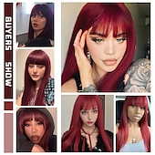 billiga Syntetiska peruker utan hätta-vinperuker för kvinnor syntetisk peruk naturlig rak fläta snygg bang peruk vinrött långt syntetiskt hår dam cosplay party blandad färg julfest peruker