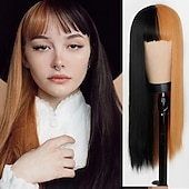 billige Syntetiske trendy parykker-grå parykker for kvinner syntetisk parykk naturlig rett midtdel parykk langt syntetisk hår dame cosplay midtparti svart hvit 26 tommers julefestparykker