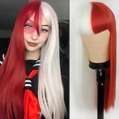 お買い得  トレンドの合成ウィッグ-女性用ピンクウィッグ合成ウィッグナチュラルストレートニートバングウィッグ24インチa15a16 a17 a18a19人工毛女性のコスプレパーティーファッションブラックピンク