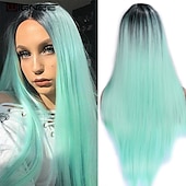 baratos Perucas de festa-Perucas azuis para mulheres peruca sintética reta natural peruca de parte do meio de comprimento médio A15 A16 A17 A18 A19 cabelo sintético perucas de festa de Halloween azul e branca