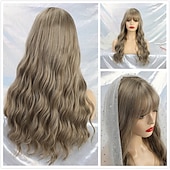 levne Párty paruky-Blond paruky pro ženy syntetická paruka hluboká vlnitá úhledná třásňová paruka střední délka syntetické vlasy pro ženy cosplay párty móda blond halloween paruky