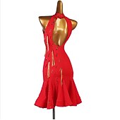 お買い得  競技用ドレス-ラテンダンス ドレス タッセル コンビ クリスタル / ラインストーン 女性用 性能 ノースリーブ ナチュラルウエスト ナイロン メッシュ アイスシルク