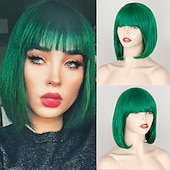 olcso Szintetikus, trendi parókák-szintetikus paróka természetes egyenes rövid bob középső rész takaros bumm paróka rövid a1 a2 a3 a4 a5 szintetikus haj női cosplay party divat zöld