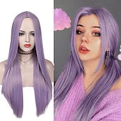 baratos Perucas de festa-Perucas azuis para mulheres peruca sintética reta natural peruca de parte do meio de comprimento médio A15 A16 A17 A18 A19 cabelo sintético perucas de festa de Halloween azul e branca