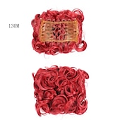 economico Clip nelle estensioni-piatto corto riccio disordinato estensione per chignon pettini per capelli elasticizzati facili clip in vassoio chignon posticci coda di cavallo - dal marrone scuro al ramato chiaro