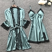 cheap Women&#039;s Sleepwear-Women&#039;s Lace Satin Silk Pajamas Sets 4 Pcs Home Party Daily Elastic Waist Pure Color Satin Simple Casual Soft Strap Top Shorts Fall Winter Spring Strap Short Sleeves Long Sleeve Home Outfits