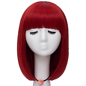 voordelige Feestpruiken-Vrouwen Oranje Korte Cosplay Pruik met Pony Bob Haarstijl Hittebestendige Vezel Synthetische Rechte Haar Halloween Pruiken