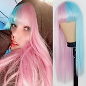 お買い得  トレンドの合成ウィッグ-女性用ピンクウィッグ合成ウィッグナチュラルストレートニートバングウィッグ24インチa15a16 a17 a18a19人工毛女性のコスプレパーティーファッションブラックピンク