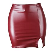 olcso Sima szoknyák-Női Ceruza Bodycon Mini Szoknyák Hasított Fényes fém Egyszínű Éjszakát és speciális alkalomra Randi Nyár Poliuretán Bőrutánzat Szexi Fekete Bor