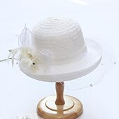 billige Partyhatter-Hatter Hodebekledning Stråhatter Tyll Strå Bøttehatt Stråhatt Solhatt Uformell Ferie Melbourne Cup Cocktail Royal Ascot Vintage Stil Med Fjær Applikasjoner Hodepryd Racedag Kjole