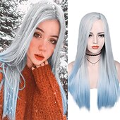 baratos Perucas de festa-Perucas azuis para mulheres peruca sintética reta natural peruca de parte do meio de comprimento médio A15 A16 A17 A18 A19 cabelo sintético perucas de festa de Halloween azul e branca