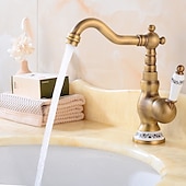 cheap Classical-Bathroom Sink Faucet,Antique Brass Retro Style Single Handle One Hole Standard Spout Rotatable Faucet Set with Ceramic Handle and Hot/Cold Water