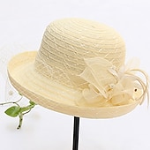 billige Partyhatter-Hatter Hodebekledning Stråhatter Tyll Strå Bøttehatt Stråhatt Solhatt Uformell Ferie Melbourne Cup Cocktail Royal Ascot Vintage Stil Med Fjær Applikasjoner Hodepryd Racedag Kjole