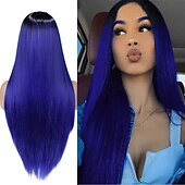 baratos Perucas de festa-Perucas azuis para mulheres peruca sintética reta natural peruca de parte do meio de comprimento médio A15 A16 A17 A18 A19 cabelo sintético perucas de festa de Halloween azul e branca