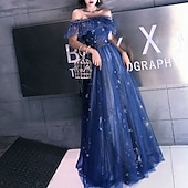 tanie Sukienki studniówkowe-A-Linie Sukienki na bal maturalny Elegancka sukienka Gość weselny Wyjściowa sukienka Długość do ziemi Krótki rękaw Na ramionach Tyll z haftem Sukienka z warstwami robiąca wrażenie