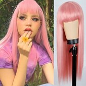 お買い得  トレンドの合成ウィッグ-女性用ピンクウィッグ合成ウィッグナチュラルストレートニートバングウィッグ24インチa15a16 a17 a18a19人工毛女性のコスプレパーティーファッションブラックピンク