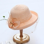 billige Partyhatter-Hatter Hodebekledning Stråhatter Tyll Strå Bøttehatt Stråhatt Solhatt Uformell Ferie Melbourne Cup Cocktail Royal Ascot Vintage Stil Med Fjær Applikasjoner Hodepryd Racedag Kjole