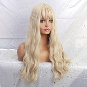 levne Párty paruky-Blond paruky pro ženy syntetická paruka hluboká vlnitá úhledná třásňová paruka střední délka syntetické vlasy pro ženy cosplay párty móda blond halloween paruky