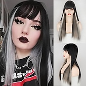 お買い得  トレンドの合成ウィッグ-女性用ピンクウィッグ合成ウィッグナチュラルストレートニートバングウィッグ24インチa15a16 a17 a18a19人工毛女性のコスプレパーティーファッションブラックピンク