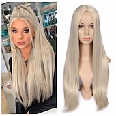 baratos Perucas de festa-Perucas azuis para mulheres peruca sintética reta natural peruca de parte do meio de comprimento médio A15 A16 A17 A18 A19 cabelo sintético perucas de festa de Halloween azul e branca