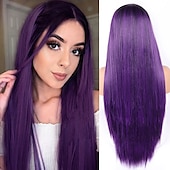 billige Syntetiske trendy parykker-grå parykker for kvinner syntetisk parykk naturlig rett midtdel parykk langt syntetisk hår dame cosplay midtparti svart hvit 26 tommers julefestparykker