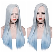 baratos Perucas de festa-Perucas azuis para mulheres peruca sintética reta natural peruca de parte do meio de comprimento médio A15 A16 A17 A18 A19 cabelo sintético perucas de festa de Halloween azul e branca