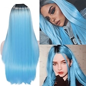 baratos Perucas de festa-Perucas azuis para mulheres peruca sintética reta natural peruca de parte do meio de comprimento médio A15 A16 A17 A18 A19 cabelo sintético perucas de festa de Halloween azul e branca