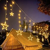 baratos Luzes Solares para Exterior-Luzes ao Ar Livre Solar LED Luzes de Cordão Cortina à Prova d'Água 3.5M Decoração Fairy Star Atmosfera Iluminação para Casamento Jardim Pátio Decoração Colorida com Controle Remoto