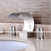 cheap Multi Holes-Bathroom Sink Faucet,Silvery Two Handles Three Holes Deluxe Waterfall Brush Nickel Polished Widespread Brass Bathroom Sink Faucet With Cold and Hot Switch