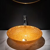 رخيصةأون أحواض أطباق-الفن الحديث الفاخر البرتقالي البيضاوي المصبوب حوض غسيل زجاجي مع صنبور ، حامل حوض واستنزاف