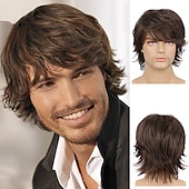 baratos Perucas Casam-10 polegadas perucas castanhas encaracoladas em camadas sintéticas, cabelo resistente ao calor, ondas curtas, peruca fofa natural para uso diário masculino2021