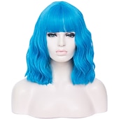 abordables Perruques Synthétiques Sans Bonnet-perruques vertes pour femmes perruques cosplay pour femmes bobo vert rouge bleu violet orange noir rose perruque courte perruque synthétique bouclée avec une frange perruques de fête de noël