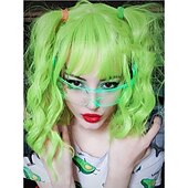 abordables Perruques Synthétiques Sans Bonnet-perruques vertes pour femmes perruques cosplay pour femmes bobo vert rouge bleu violet orange noir rose perruque courte perruque synthétique bouclée avec une frange perruques de fête de noël