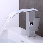 baratos Torneiras de Lavatório de Casa de Banho-Torneira de pia de banheiro estilo cascata de latão estilo moderno, torneiras de banho de um furo galvanizadas com cromo branco com interruptor quente e frio