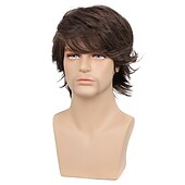 baratos Perucas Casam-10 polegadas perucas castanhas encaracoladas em camadas sintéticas, cabelo resistente ao calor, ondas curtas, peruca fofa natural para uso diário masculino2021