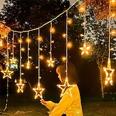 baratos Luzes Solares para Exterior-Luzes ao Ar Livre Solar LED Luzes de Cordão Cortina à Prova d'Água 3.5M Decoração Fairy Star Atmosfera Iluminação para Casamento Jardim Pátio Decoração Colorida com Controle Remoto