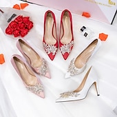 cheap Semi-Formal-Women&#039;s Pink Satin High Heels – Elegant Rhinestone Embellished Pumps for Bride, Weddings, and Special Occasions