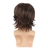 baratos Perucas Casam-10 polegadas perucas castanhas encaracoladas em camadas sintéticas, cabelo resistente ao calor, ondas curtas, peruca fofa natural para uso diário masculino2021