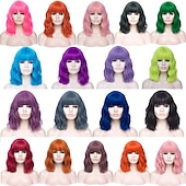 abordables Perruques Synthétiques Sans Bonnet-perruques vertes pour femmes perruques cosplay pour femmes bobo vert rouge bleu violet orange noir rose perruque courte perruque synthétique bouclée avec une frange perruques de fête de noël