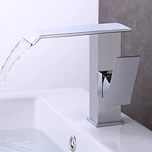 baratos Torneiras de Lavatório de Casa de Banho-Torneira de pia de banheiro estilo cascata de latão estilo moderno, torneiras de banho de um furo galvanizadas com cromo branco com interruptor quente e frio