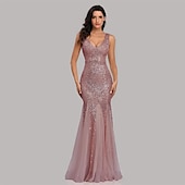 abordables Robes de fête-Robe de soirée sirène dorée en sequins pour les invités de mariage tenue de fête longueur au sol sans manches décolleté en V masque robe à impressionner