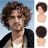 preiswerte Herrenperücken-Männer kurze braune lockige geschichtete Perücke flauschige Pony Halloween Kostüm Haar Party Cosplay volle Perücke