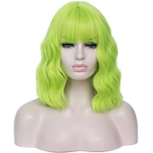 abordables Perruques Synthétiques Sans Bonnet-perruques vertes pour femmes perruques cosplay pour femmes bobo vert rouge bleu violet orange noir rose perruque courte perruque synthétique bouclée avec une frange perruques de fête de noël