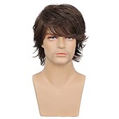 baratos Perucas Casam-10 polegadas perucas castanhas encaracoladas em camadas sintéticas, cabelo resistente ao calor, ondas curtas, peruca fofa natural para uso diário masculino2021