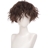 cheap Mens Wigs-Brown Wigs for Men Short Curly Synthetic Hair Wigs for Men Boy Costume Cosplay Party Natural Black Heat Resistant Fake Hair