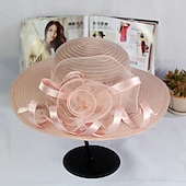 cheap Party Hats-Hats Headwear Straw Hats Tulle Straw Bucket Hat Straw Hat Sun Hat Casual Holiday Melbourne Cup Cocktail Royal Astcot Vintage Style Elegant Beach With Appliques Flower Headpiece Headwear
