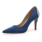 tanie Formalny-damskie buty ślubne buty dla nowożeńców druhna sukienka biurowa eleganckie białe czerwone ciemnoniebieskie imitacje dżetów kryształowa satyna szpiczasty nosek buty na wysokim obcasie walentynki prezenty wesele rocznica